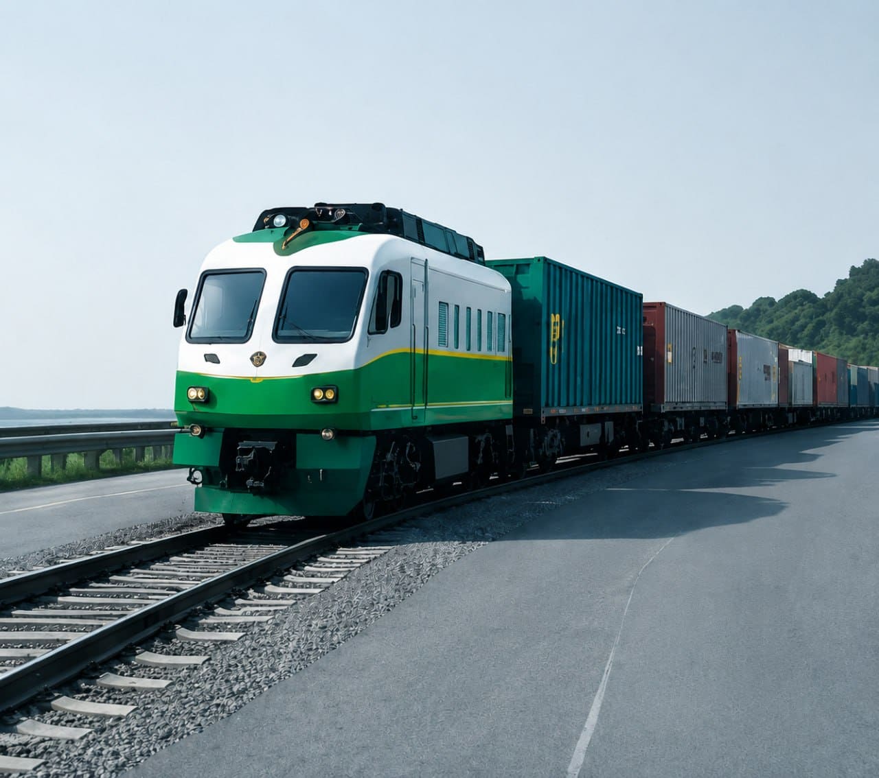 An Ethio-Djibouti Railway locomotive hauling container wagons